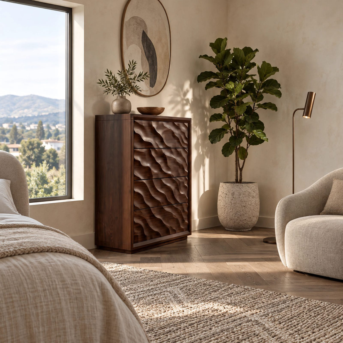 Scandinavian Tall Wooden Dresser With Wave Carved Drawers For Bedroom