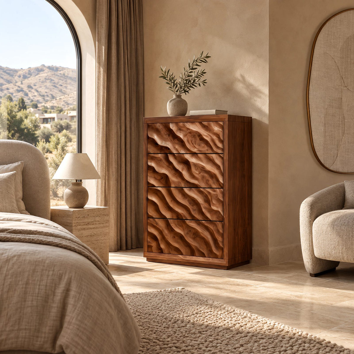 Scandinavian Tall Wooden Dresser With Wave Carved Drawers For Bedroom