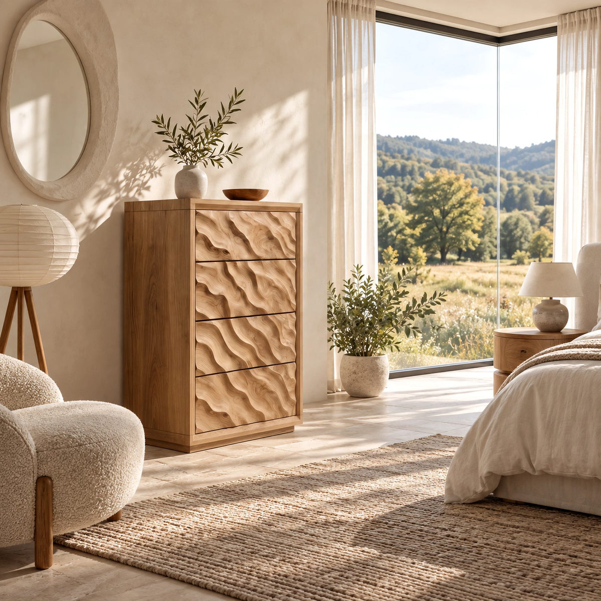 Scandinavian Tall Wooden Dresser With Wave Carved Drawers For Bedroom