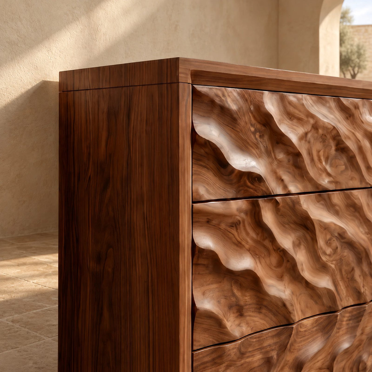 Scandinavian Tall Wooden Dresser With Wave Carved Drawers For Bedroom