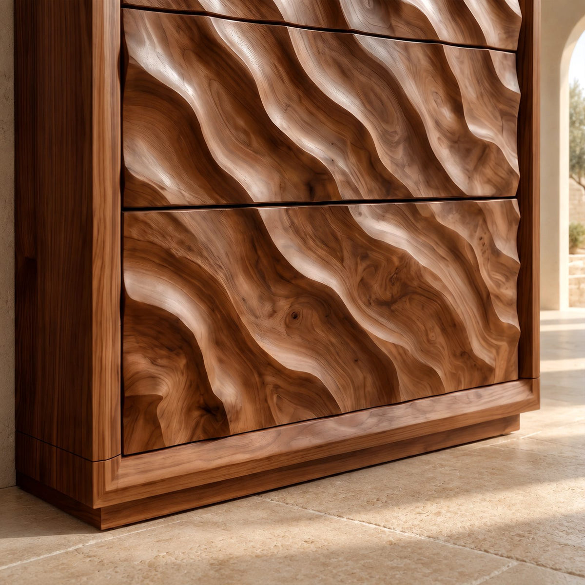 Scandinavian Tall Wooden Dresser With Wave Carved Drawers For Bedroom