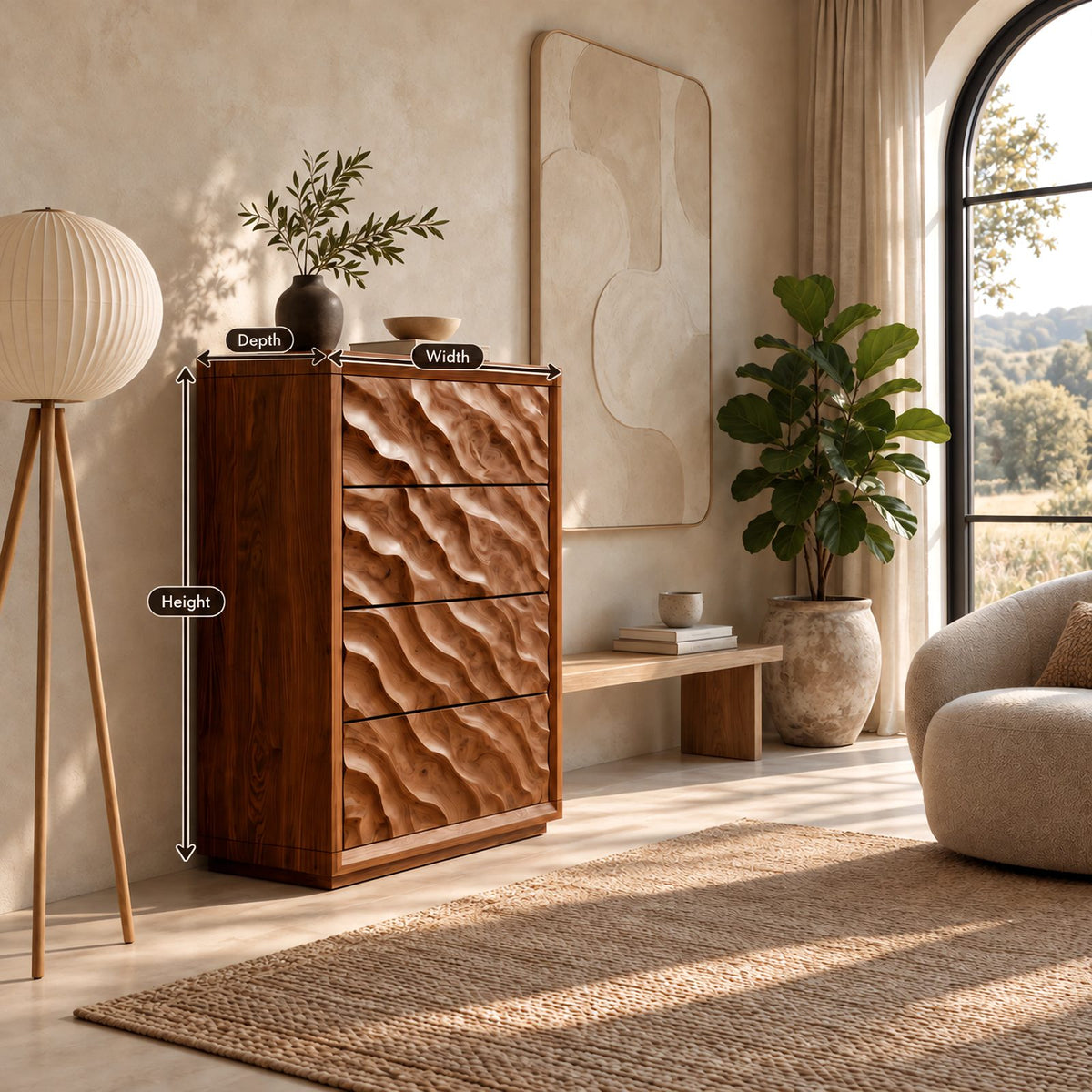 Scandinavian Tall Wooden Dresser With Wave Carved Drawers For Bedroom