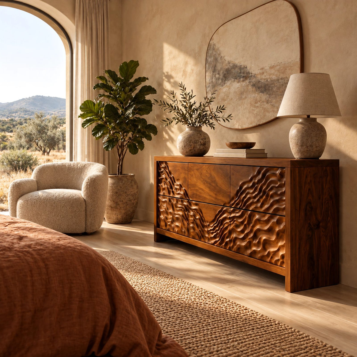 Handcrafted Wide Wooden Dresser With Dune Carved Drawers For Bedroom