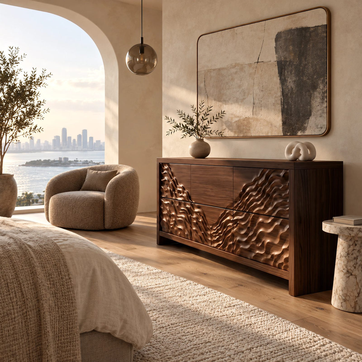 Handcrafted Wide Wooden Dresser With Dune Carved Drawers For Bedroom