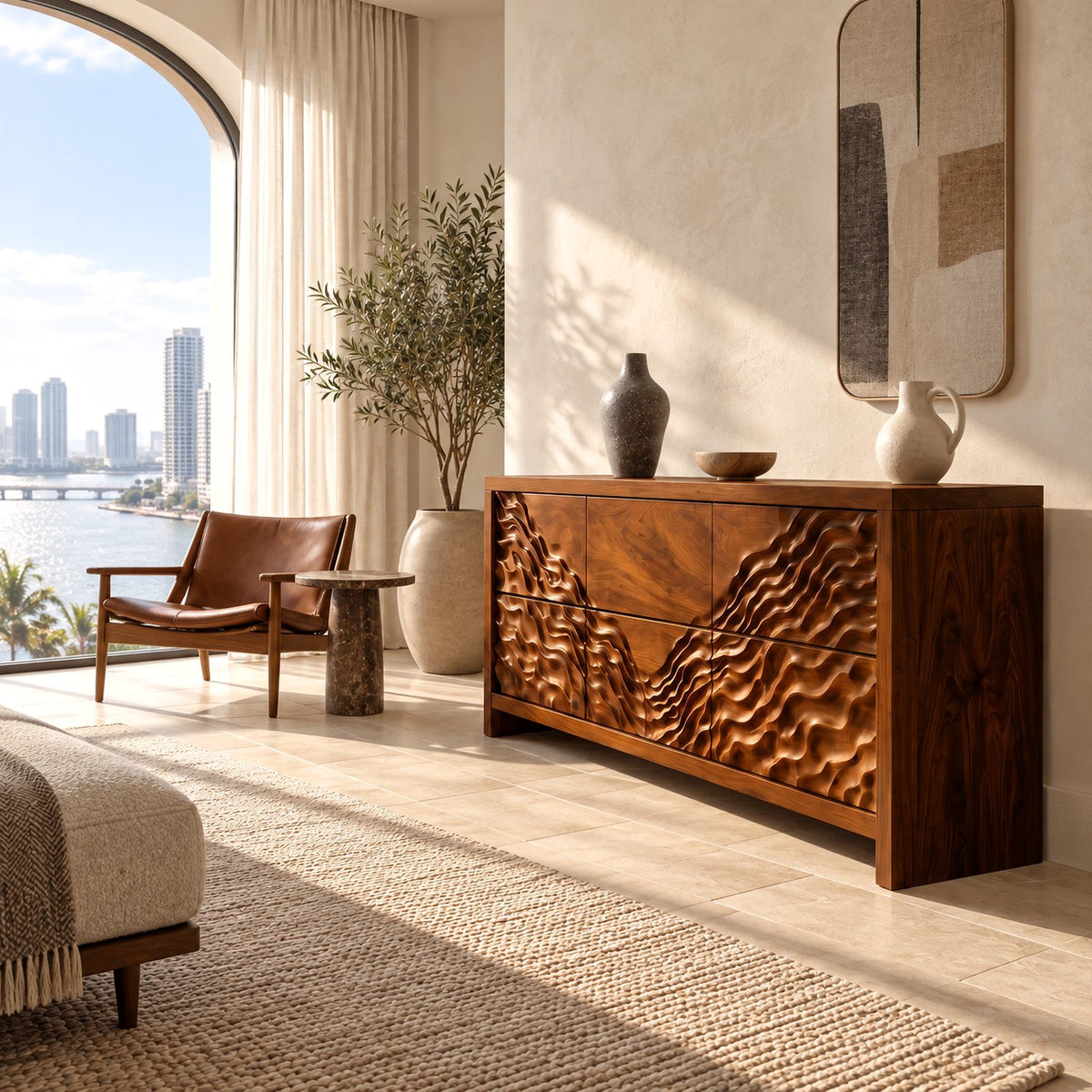 Handcrafted Wide Wooden Dresser With Dune Carved Drawers For Bedroom