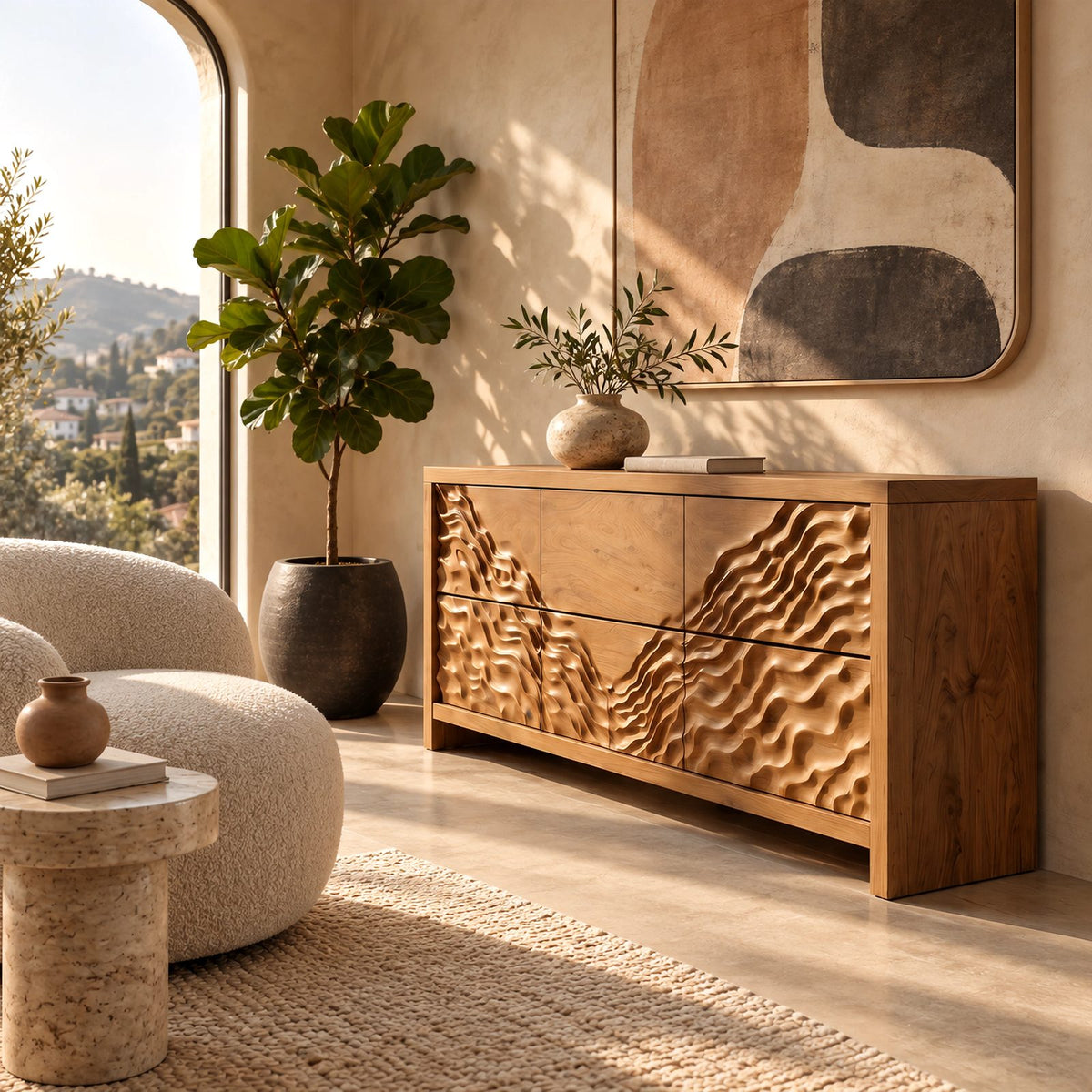 Handcrafted Wide Wooden Dresser With Dune Carved Drawers For Bedroom