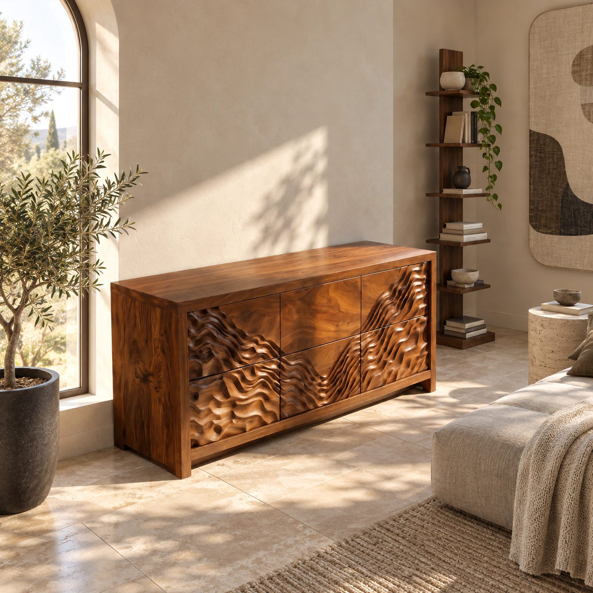 Handcrafted Wide Wooden Dresser With Dune Carved Drawers For Bedroom