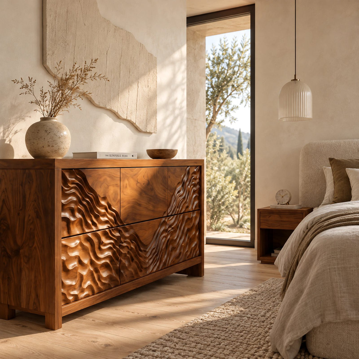 Handcrafted Wide Wooden Dresser With Dune Carved Drawers For Bedroom