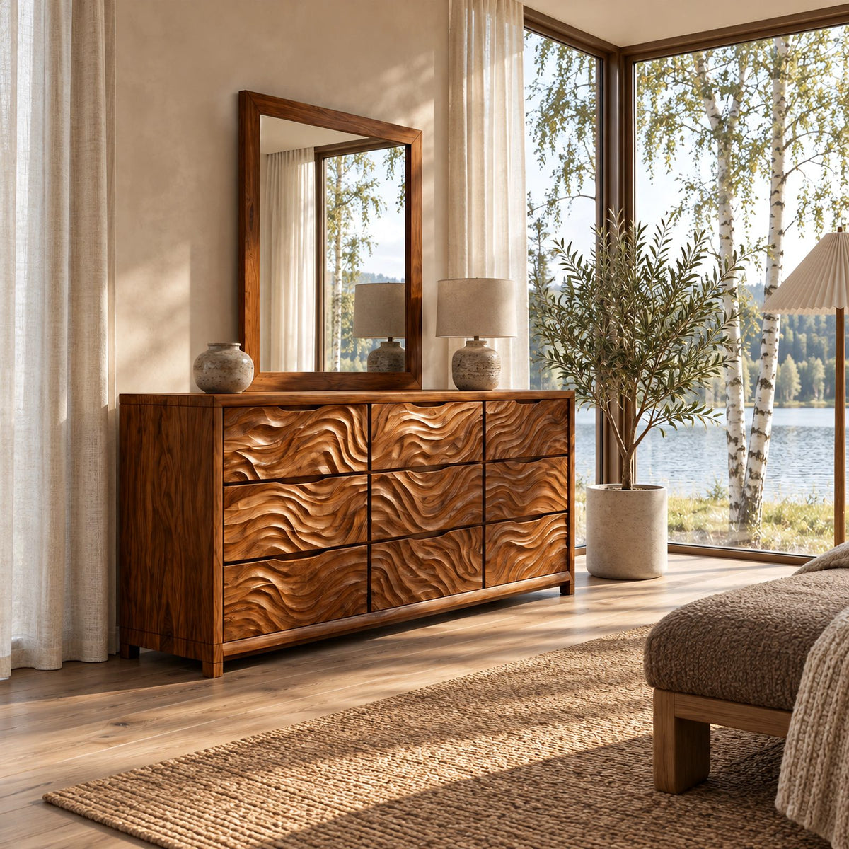 Rustic Solid Wood 9 Drawer Dresser With Wave Carved Fronts For Bedroom