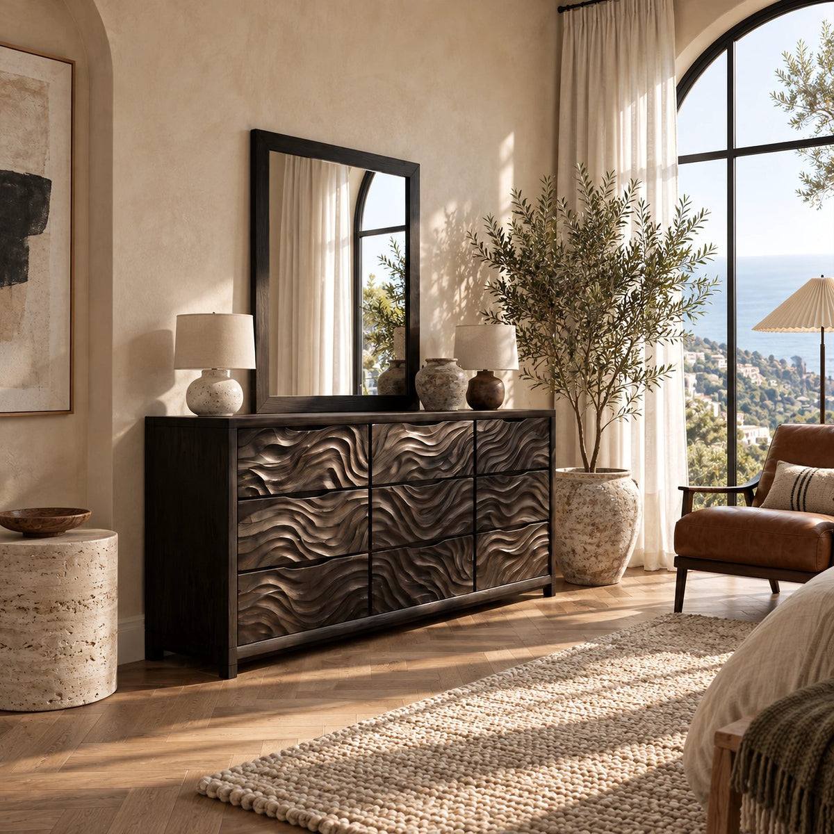 Rustic Solid Wood 9 Drawer Dresser With Wave Carved Fronts For Bedroom