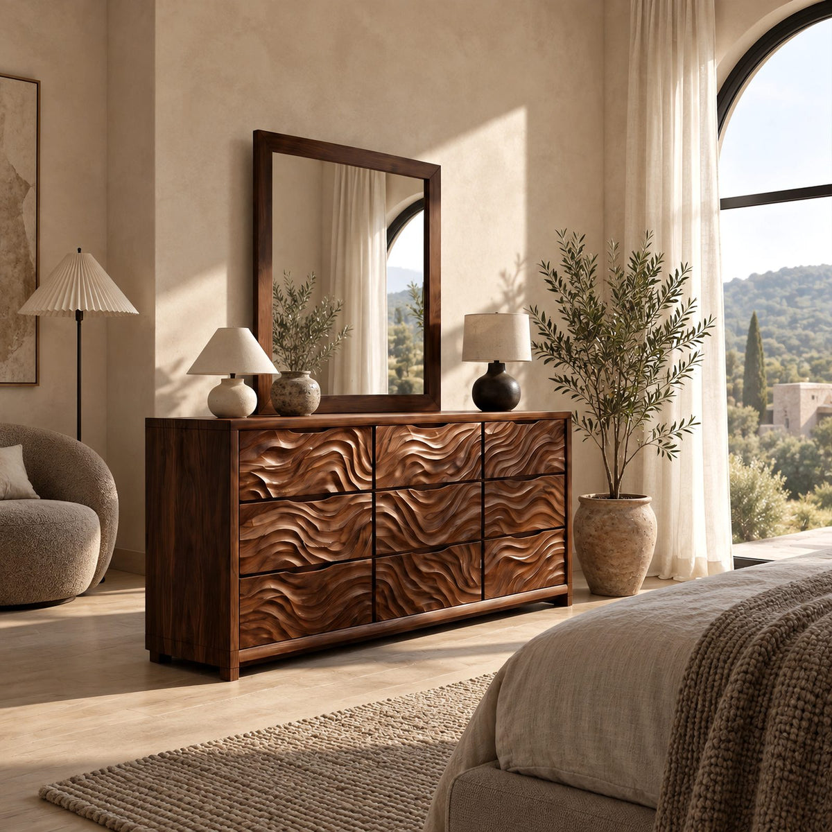 Rustic Solid Wood 9 Drawer Dresser With Wave Carved Fronts For Bedroom