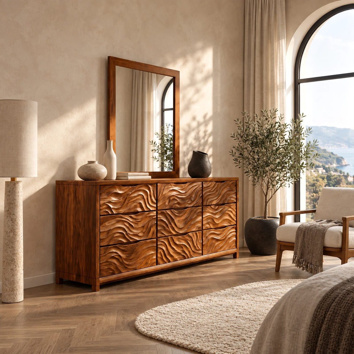 Rustic Solid Wood 9 Drawer Dresser With Wave Carved Fronts For Bedroom