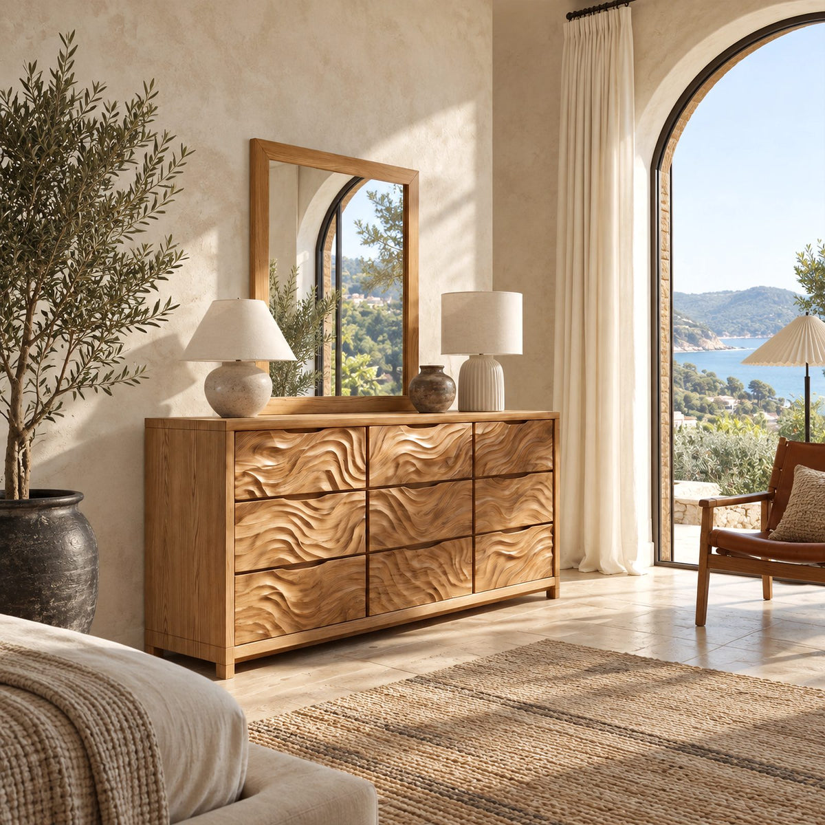 Rustic Solid Wood 9 Drawer Dresser With Wave Carved Fronts For Bedroom