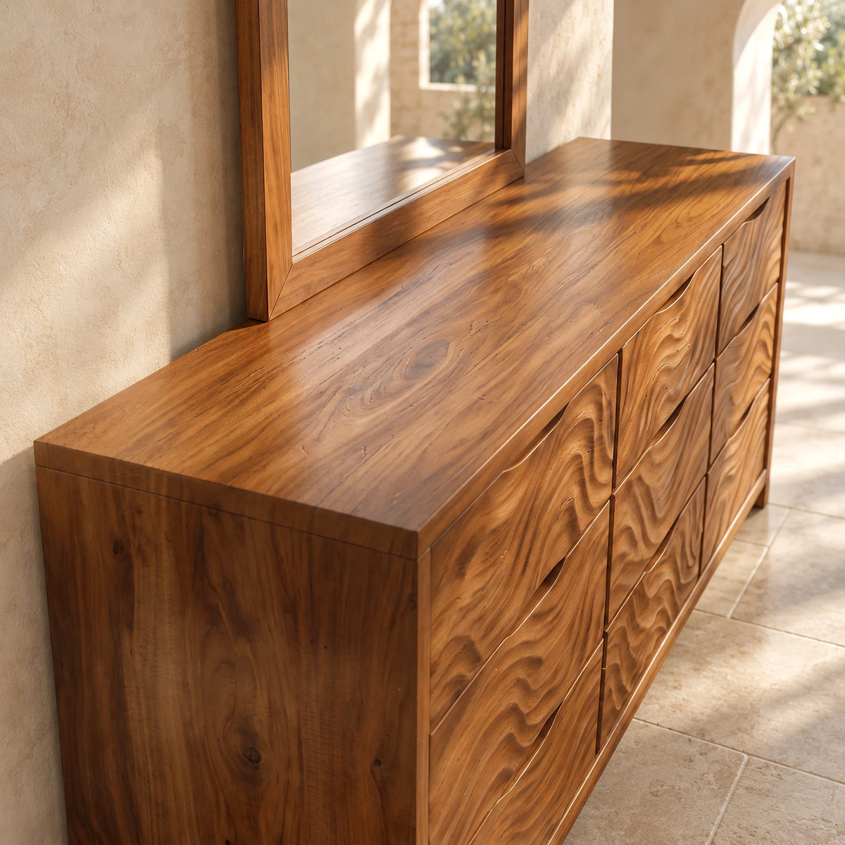 Rustic Solid Wood 9 Drawer Dresser With Wave Carved Fronts For Bedroom