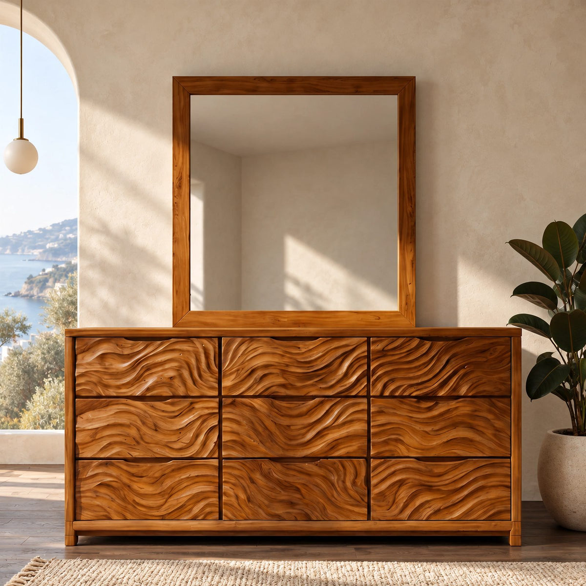 Rustic Solid Wood 9 Drawer Dresser With Wave Carved Fronts For Bedroom