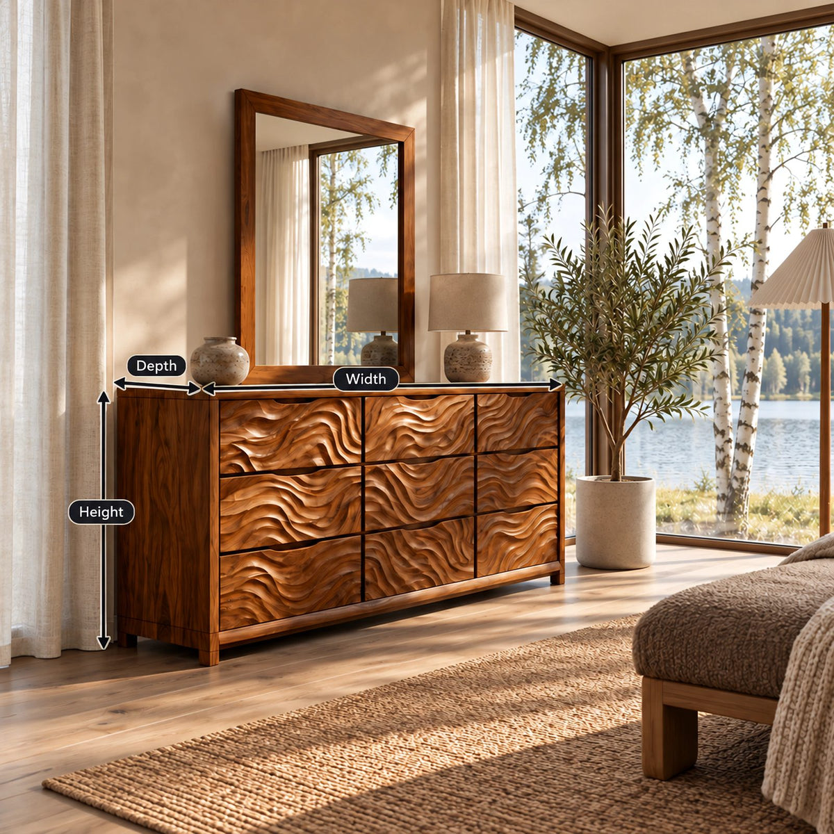 Rustic Solid Wood 9 Drawer Dresser With Wave Carved Fronts For Bedroom