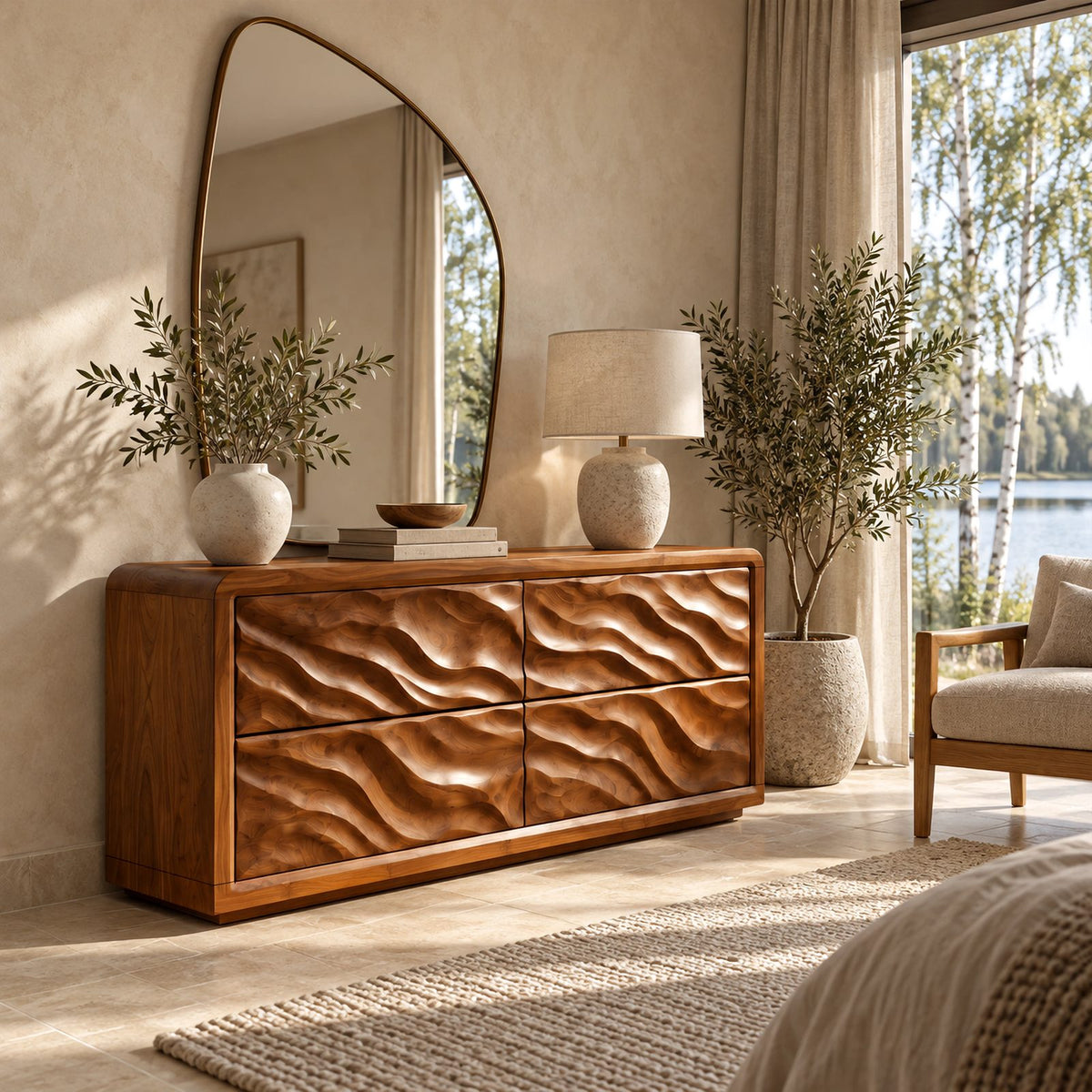 Sculptural Wide 4 Drawer Dresser With Rounded Wave Front For Bedroom