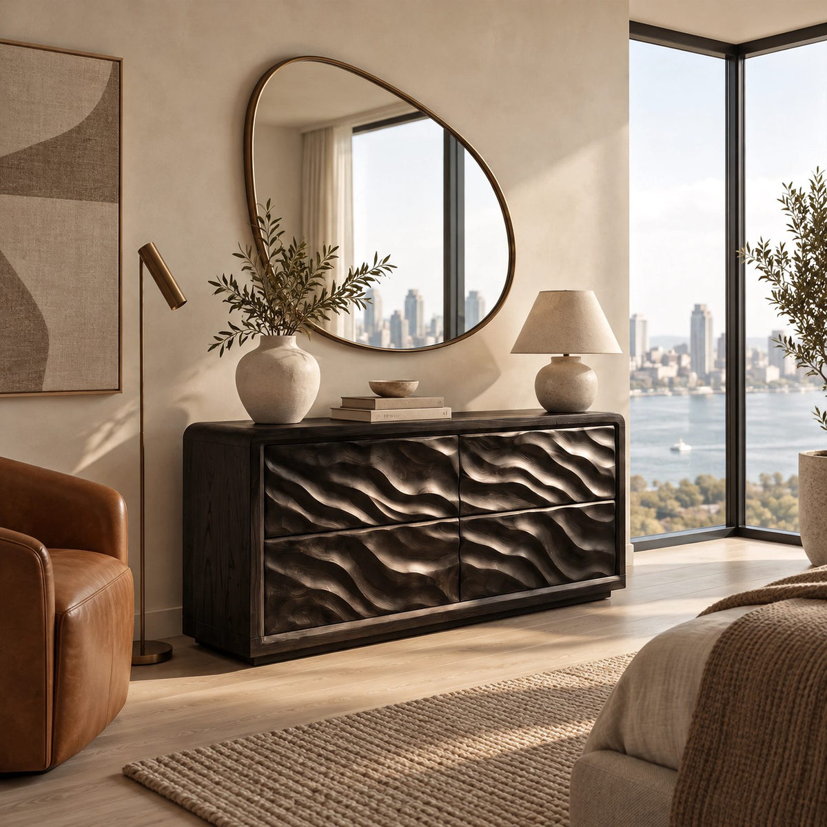 Sculptural Wide 4 Drawer Dresser With Rounded Wave Front For Bedroom