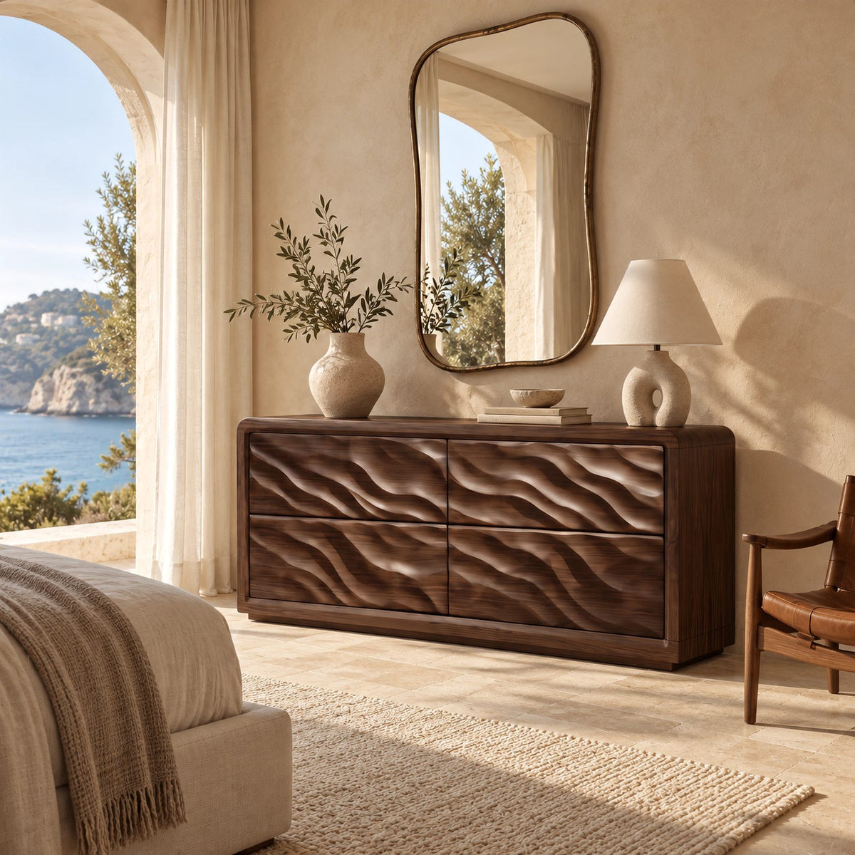 Sculptural Wide 4 Drawer Dresser With Rounded Wave Front For Bedroom