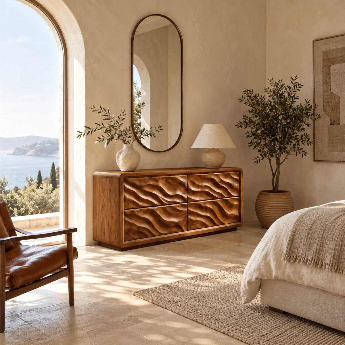 Sculptural Wide 4 Drawer Dresser With Rounded Wave Front For Bedroom