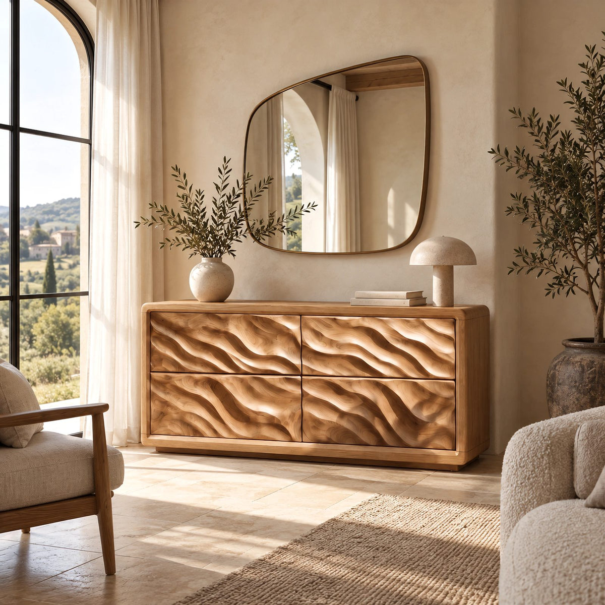Sculptural Wide 4 Drawer Dresser With Rounded Wave Front For Bedroom
