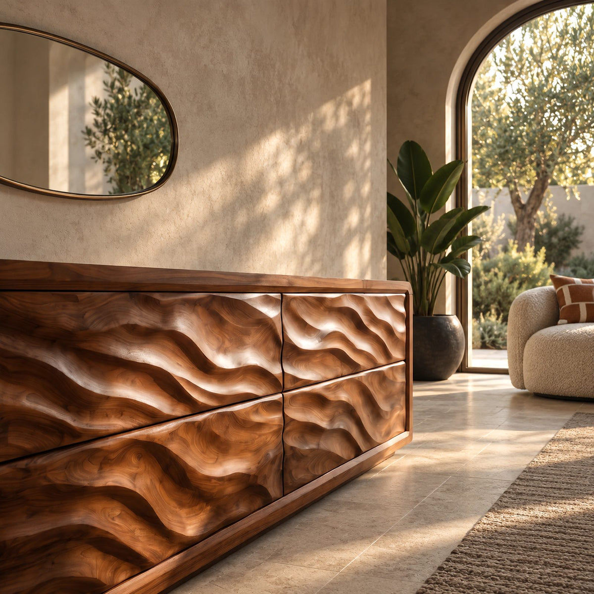 Sculptural Wide 4 Drawer Dresser With Rounded Wave Front For Bedroom