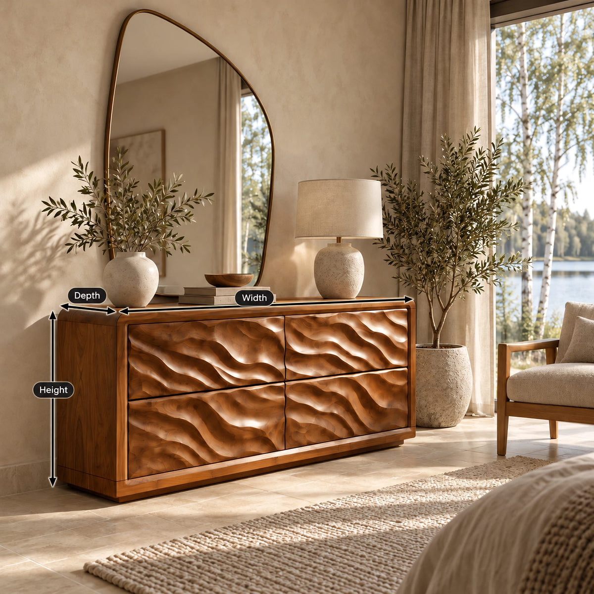 Sculptural Wide 4 Drawer Dresser With Rounded Wave Front For Bedroom