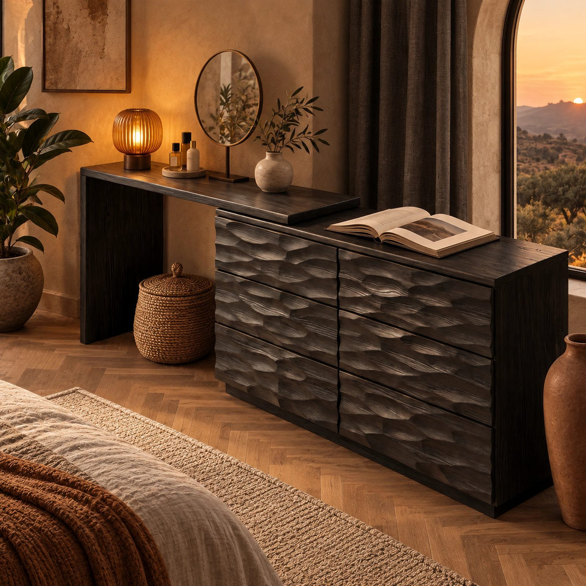 Minimalist Carved Dresser With Swivel Desk Extension For Bedroom