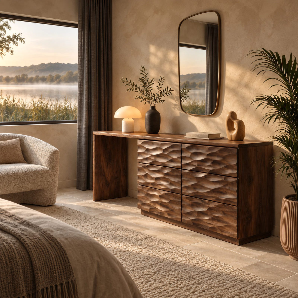 Minimalist Carved Dresser With Swivel Desk Extension For Bedroom