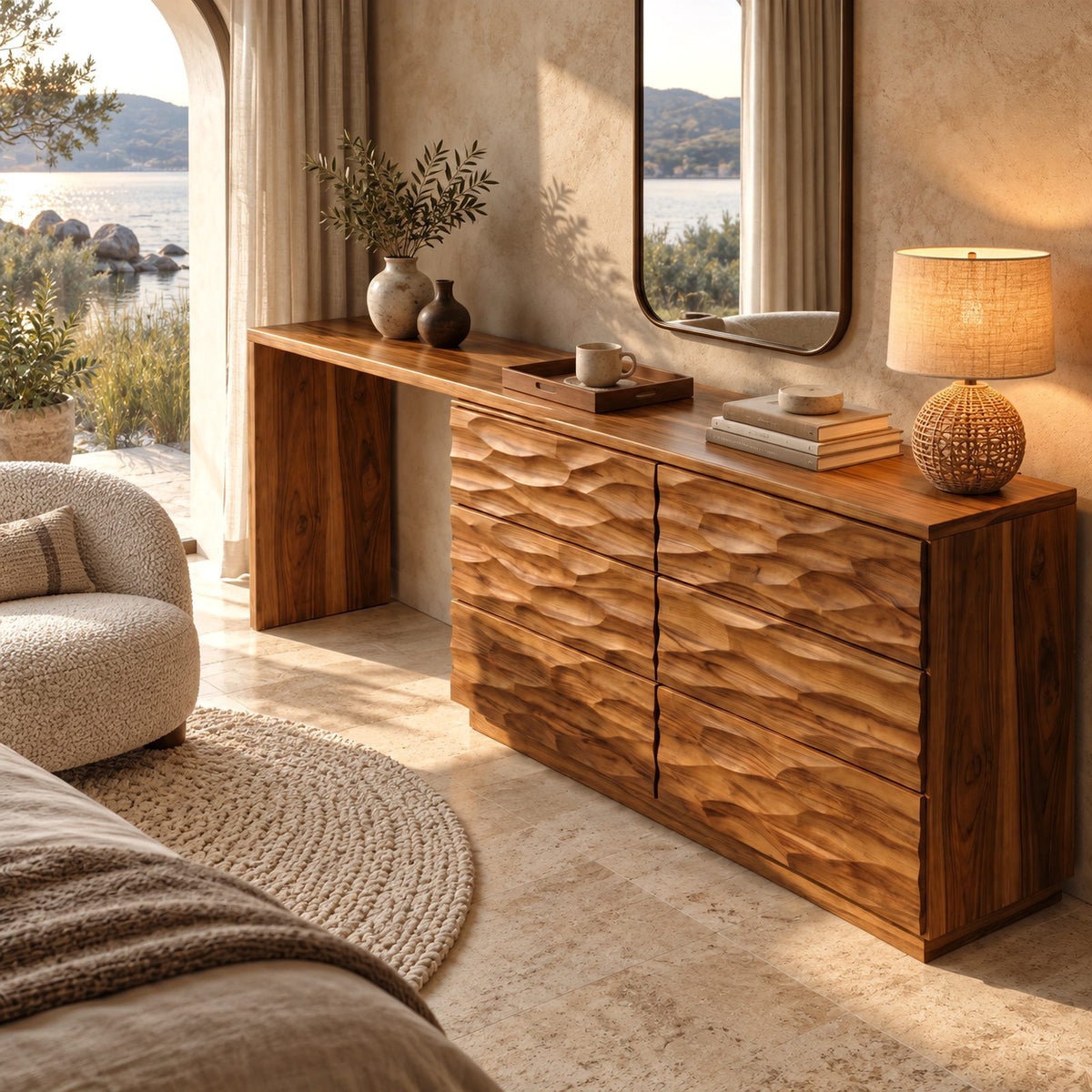 Minimalist Carved Dresser With Swivel Desk Extension For Bedroom