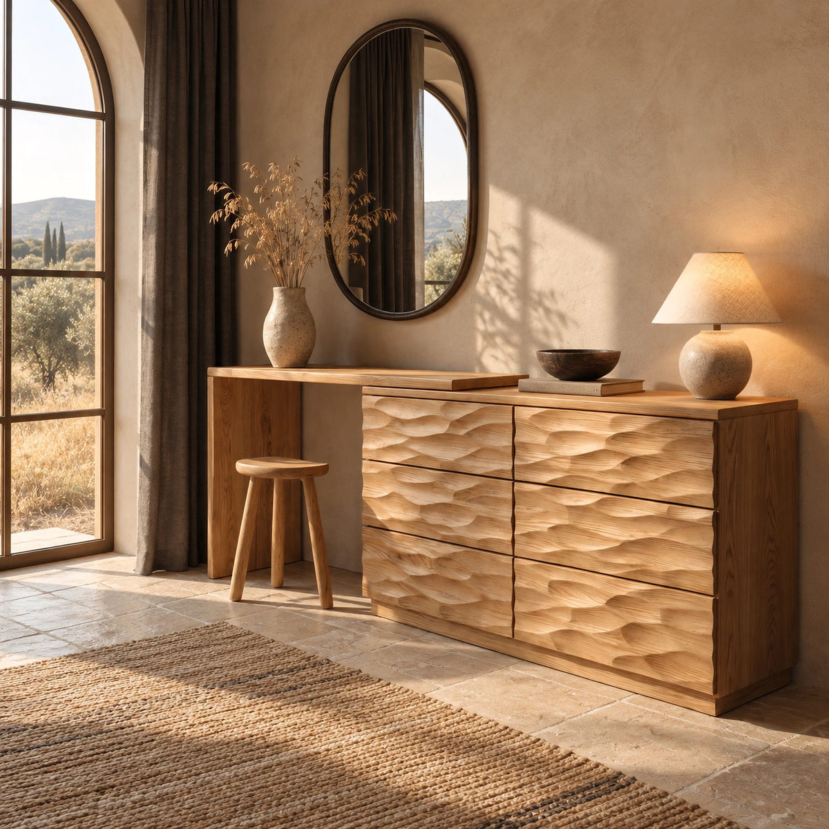 Minimalist Carved Dresser With Swivel Desk Extension For Bedroom