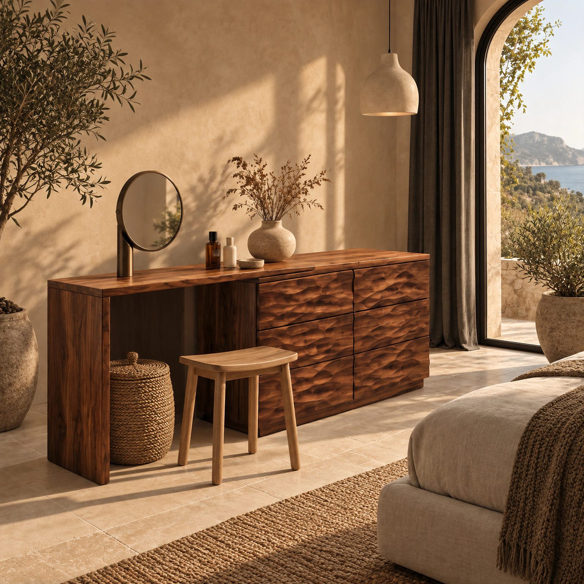 Minimalist Carved Dresser With Swivel Desk Extension For Bedroom