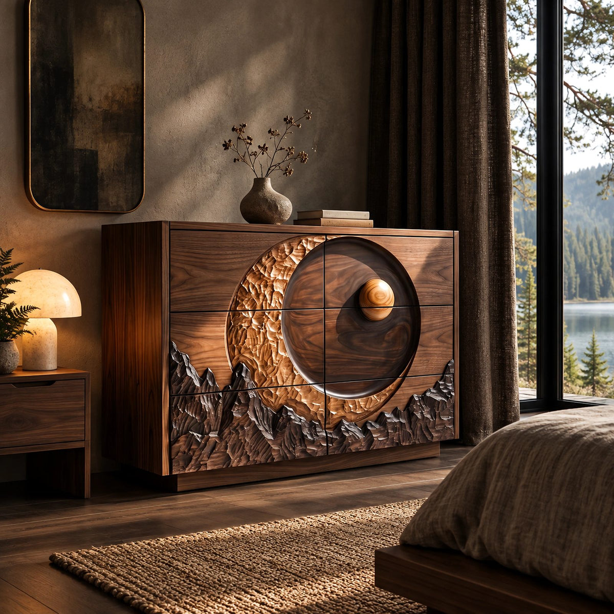 Nature Inspired Dresser With Crescent Moon And Mountain Carving For Bedroom