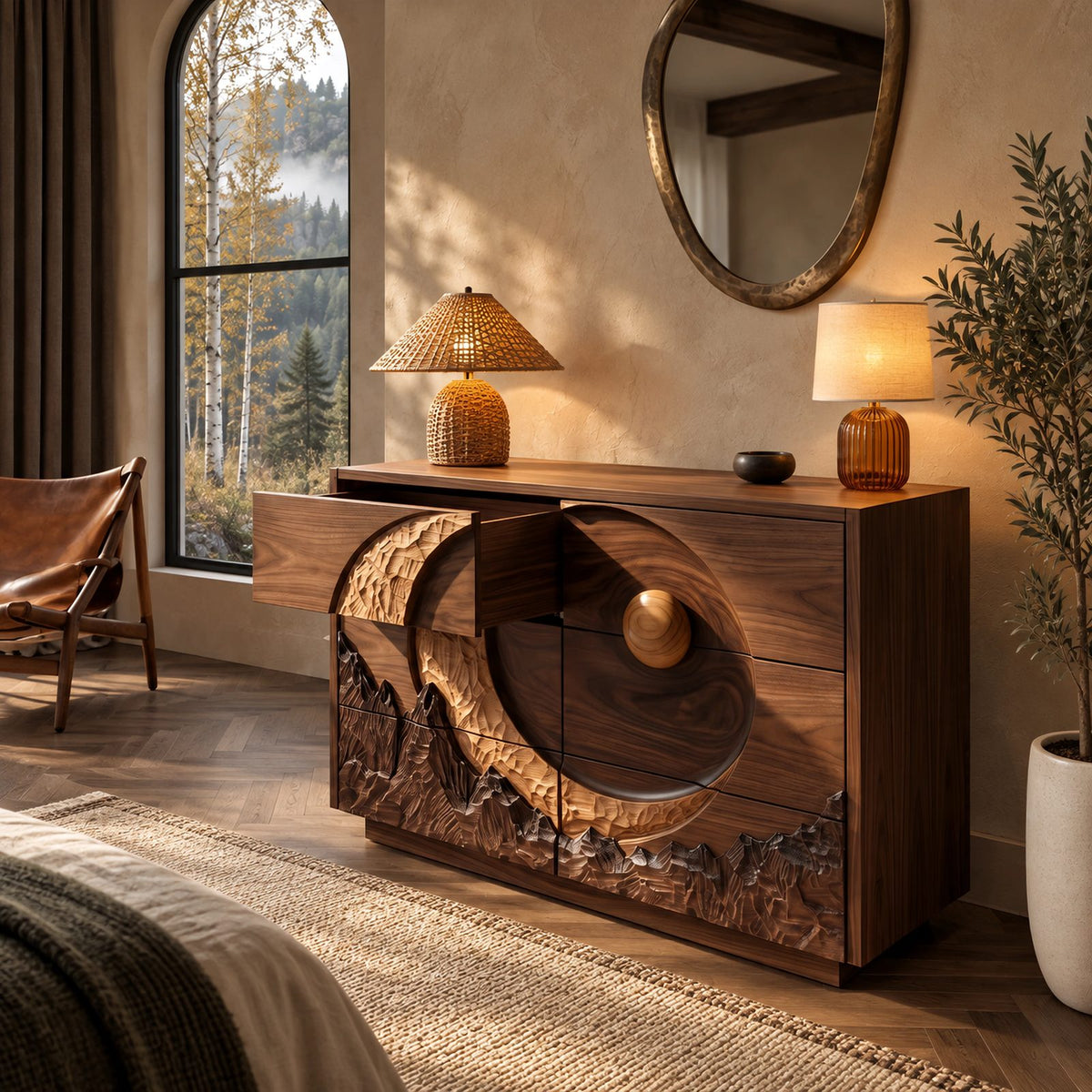 Nature Inspired Dresser With Crescent Moon And Mountain Carving For Bedroom