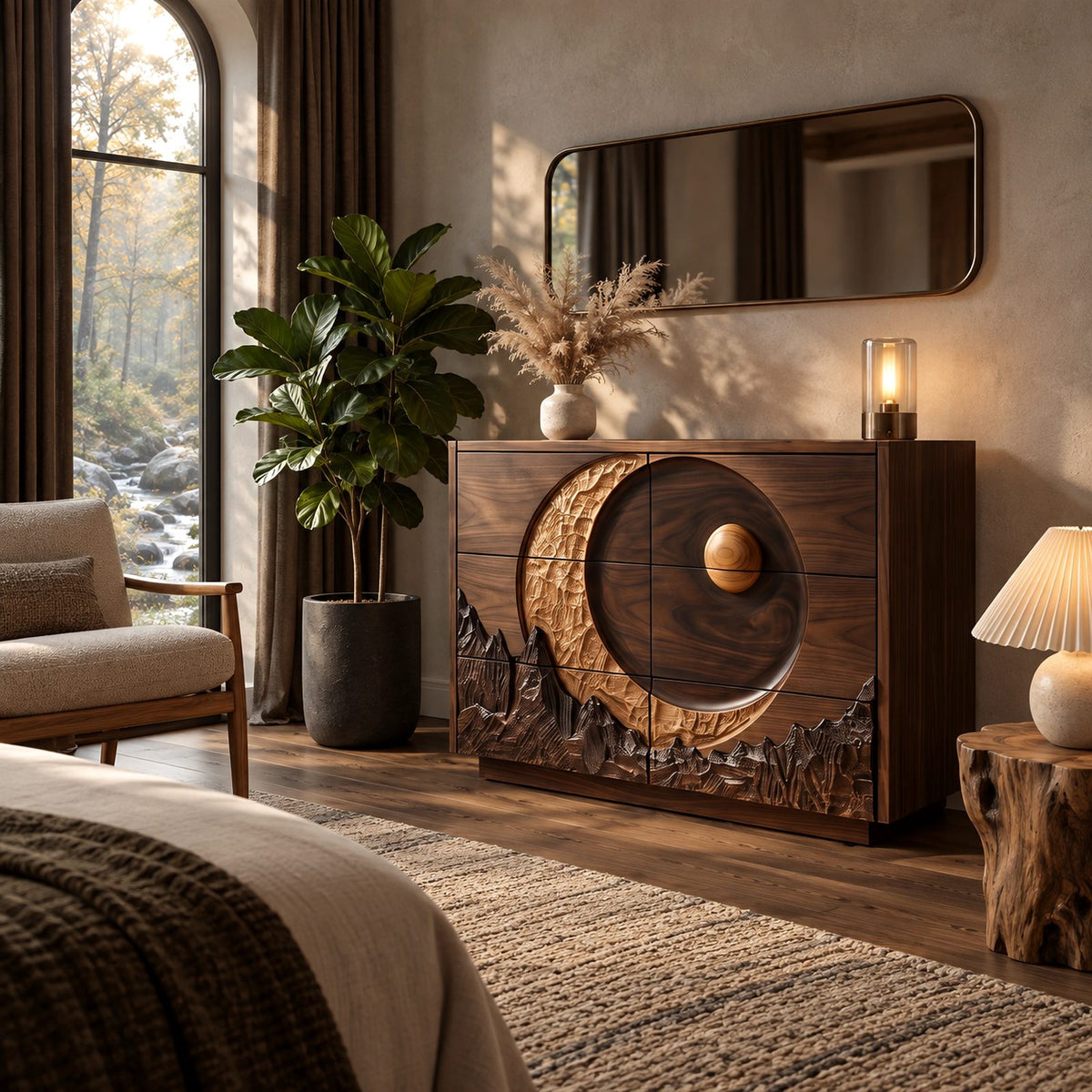 Nature Inspired Dresser With Crescent Moon And Mountain Carving For Bedroom