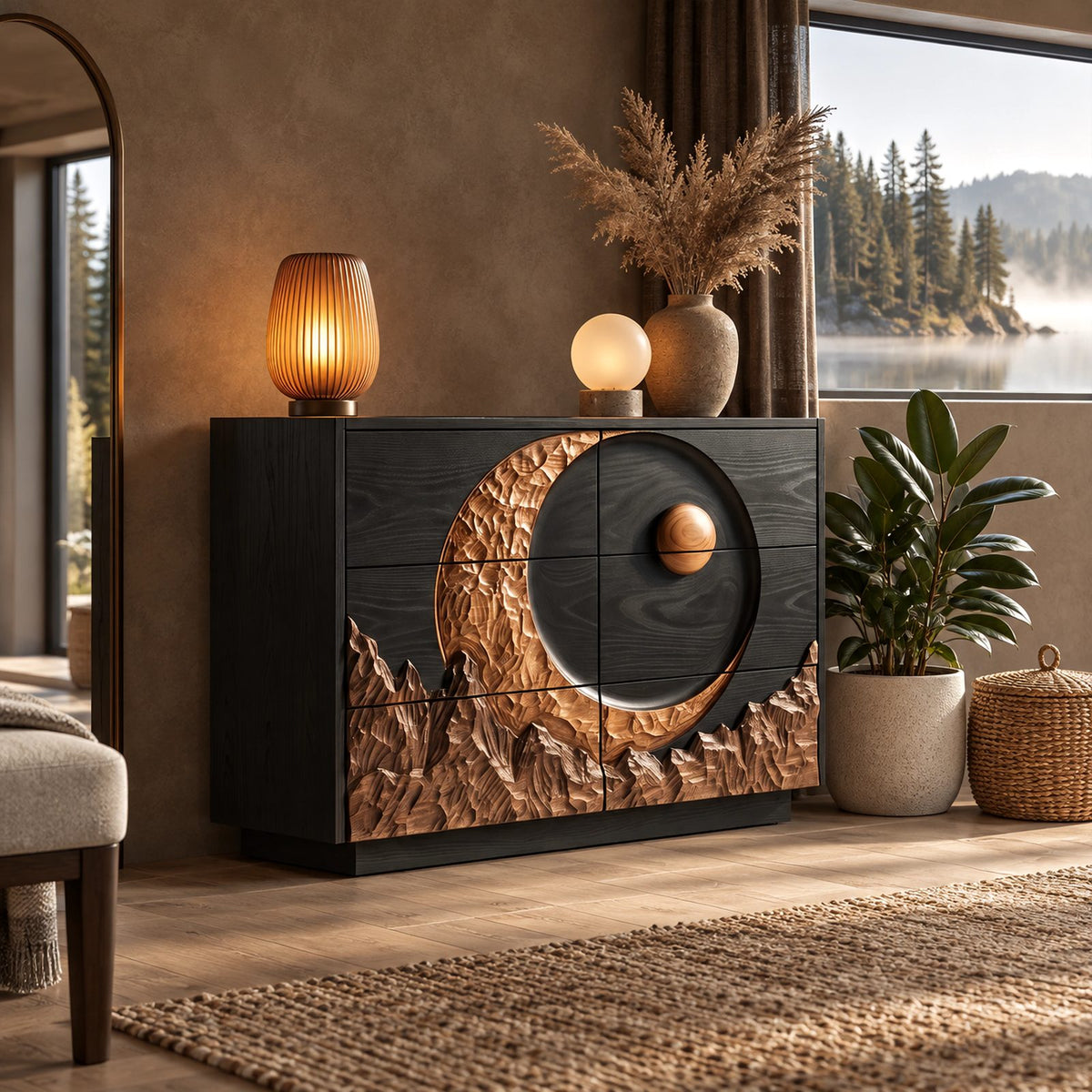 Nature Inspired Dresser With Crescent Moon And Mountain Carving For Bedroom