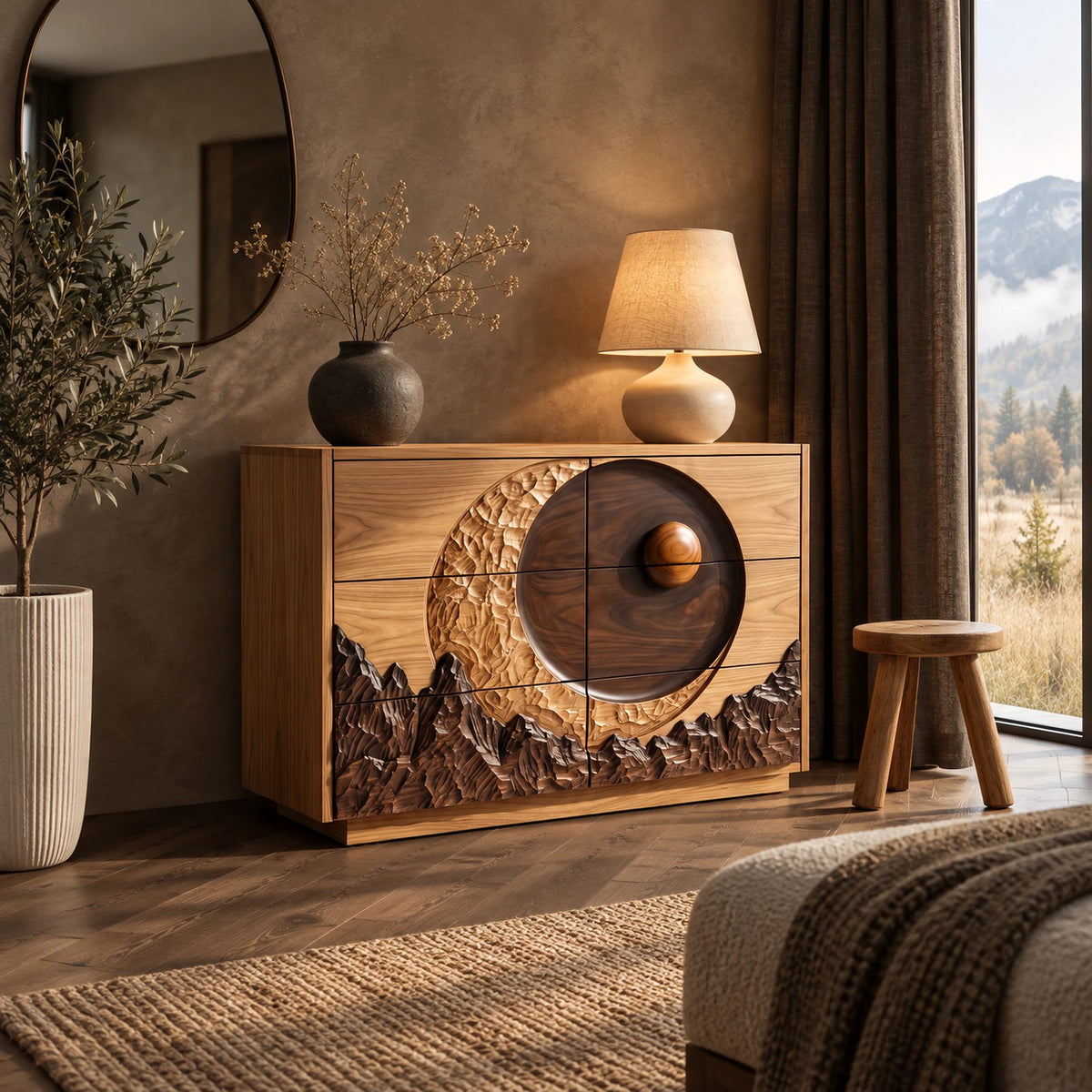 Nature Inspired Dresser With Crescent Moon And Mountain Carving For Bedroom