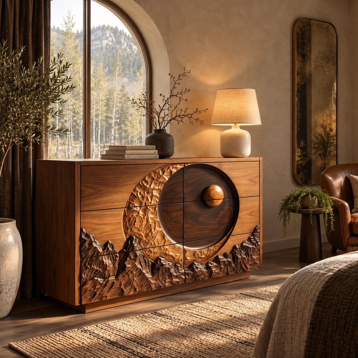 Nature Inspired Dresser With Crescent Moon And Mountain Carving For Bedroom