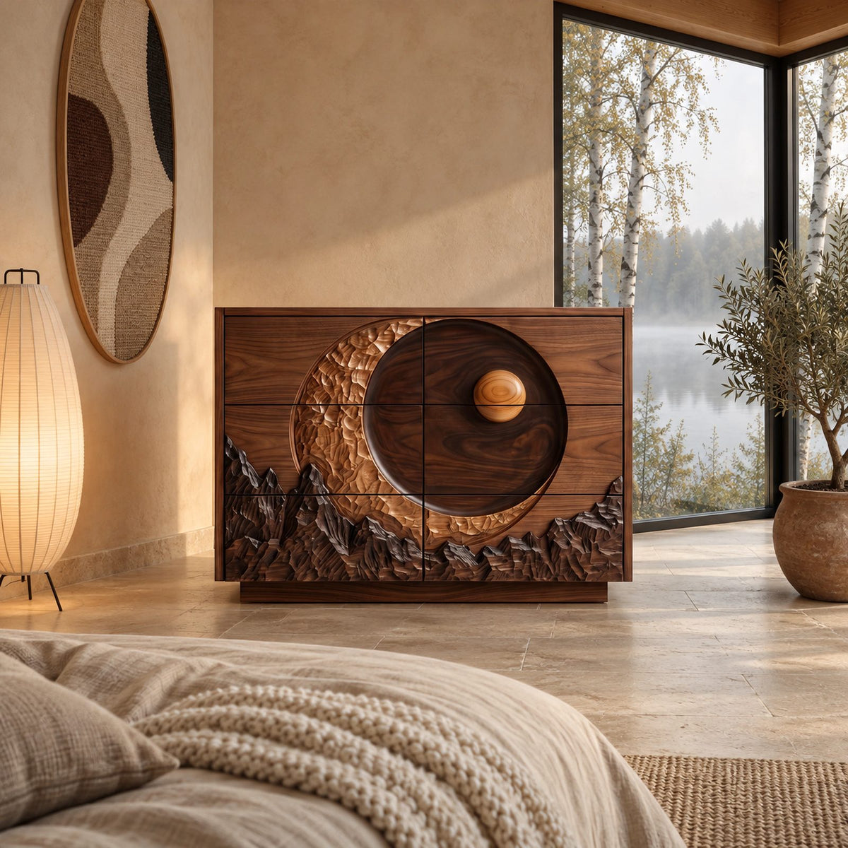 Nature Inspired Dresser With Crescent Moon And Mountain Carving For Bedroom