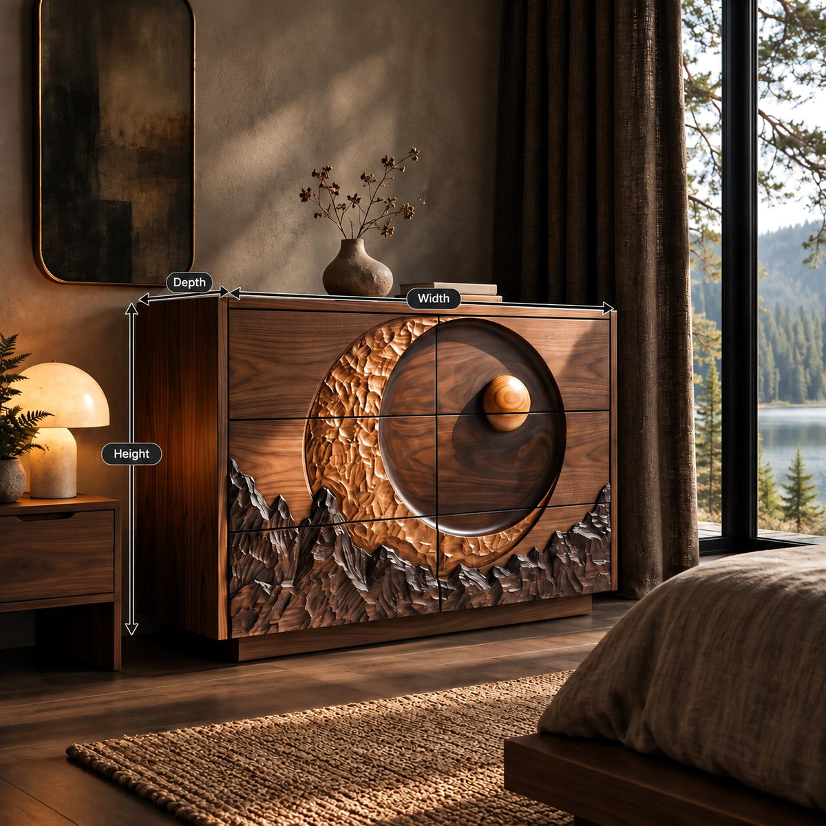 Nature Inspired Dresser With Crescent Moon And Mountain Carving For Bedroom