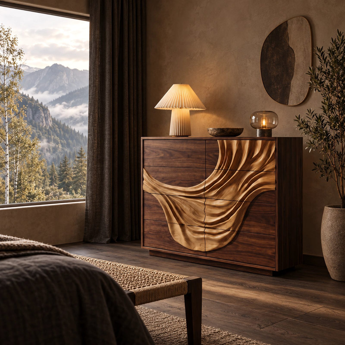 Artisan Wooden Dresser With Flowing Drape Carved Panel For Bedroom