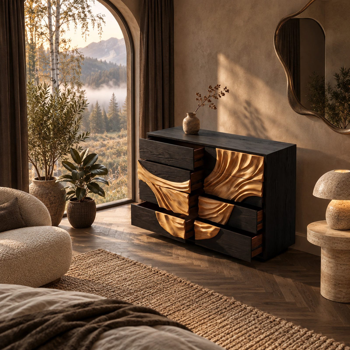 Artisan Wooden Dresser With Flowing Drape Carved Panel For Bedroom