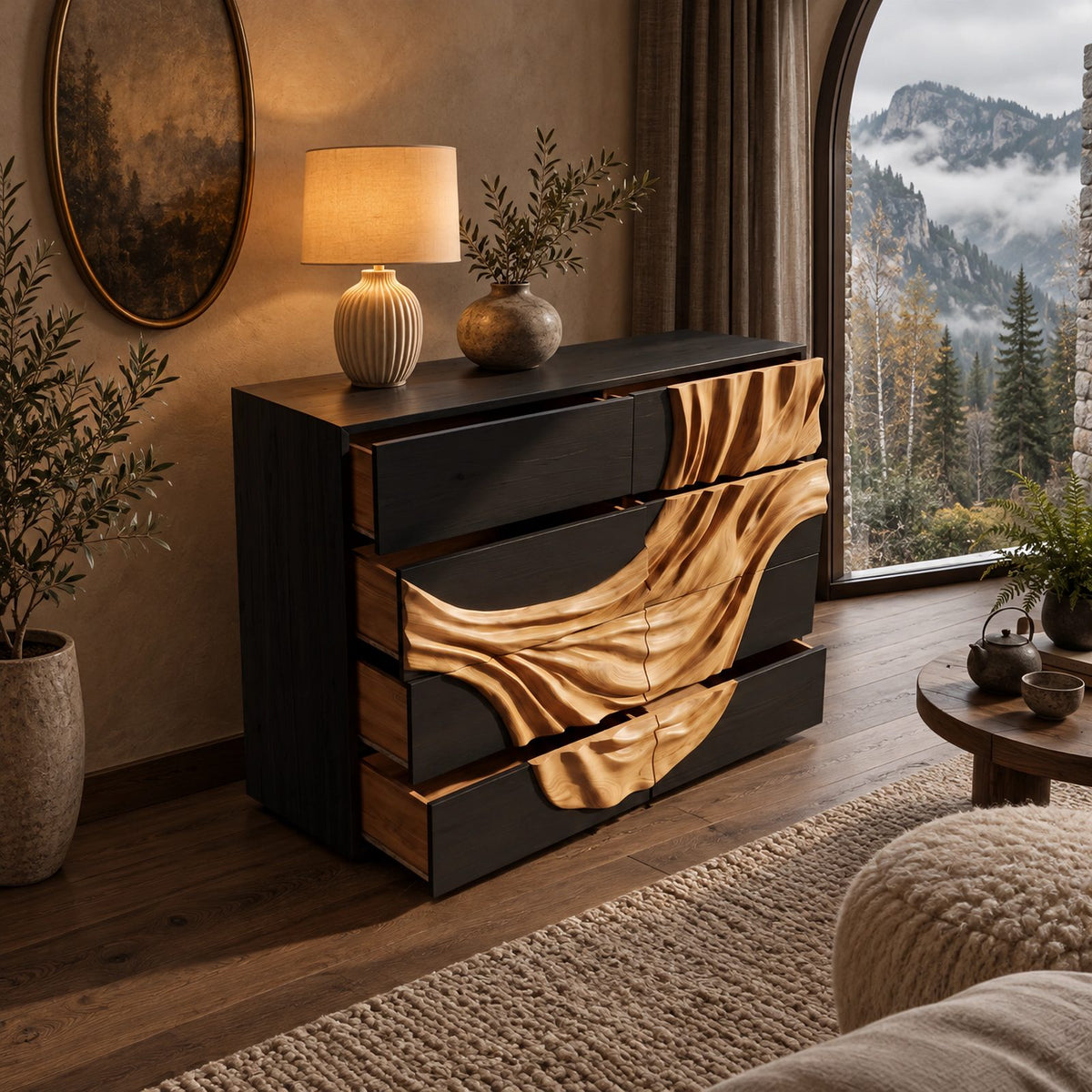 Artisan Wooden Dresser With Flowing Drape Carved Panel For Bedroom
