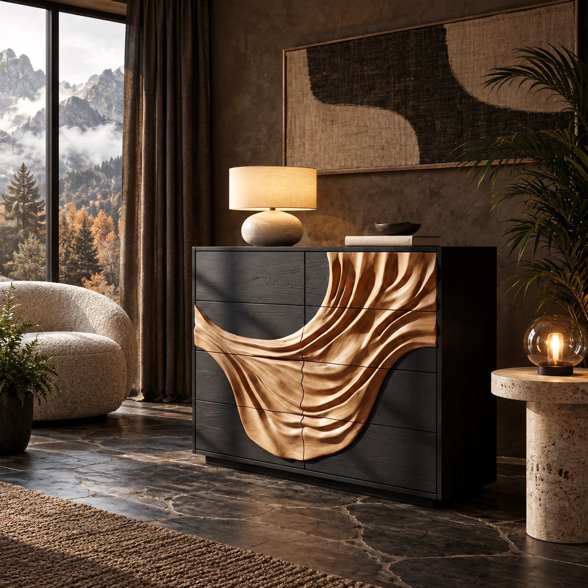 Artisan Wooden Dresser With Flowing Drape Carved Panel For Bedroom