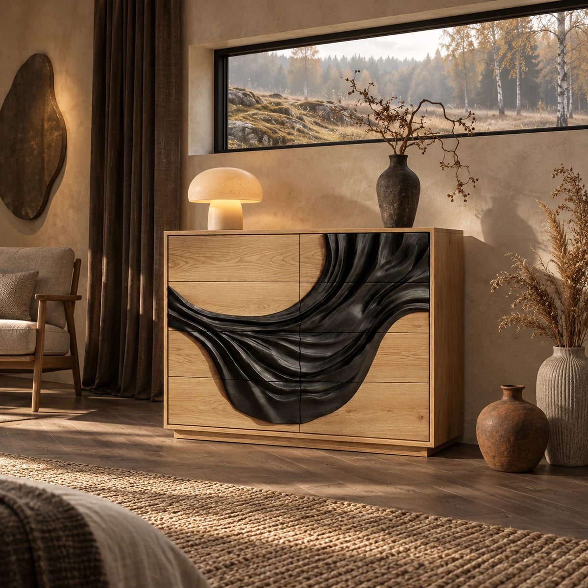 Artisan Wooden Dresser With Flowing Drape Carved Panel For Bedroom