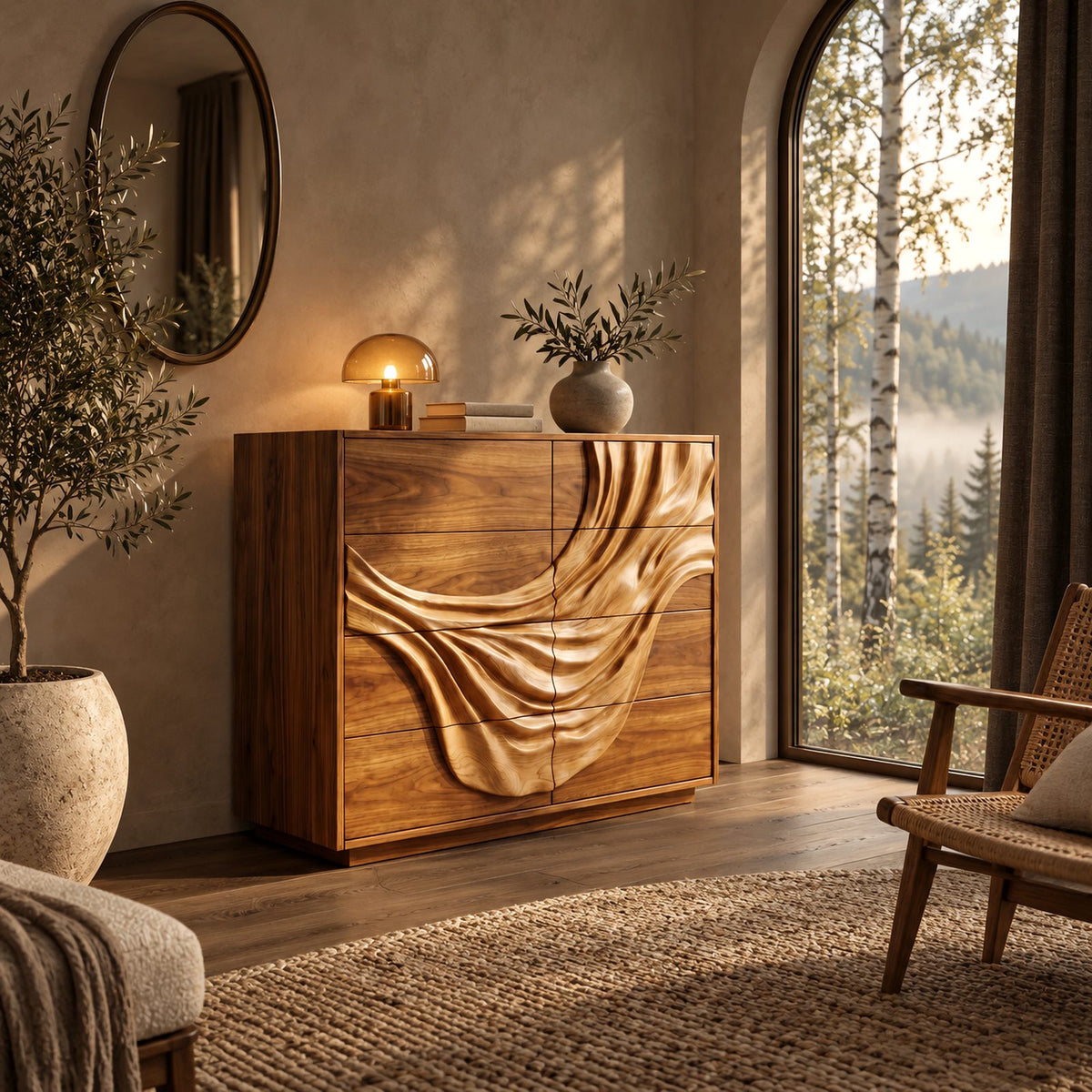 Artisan Wooden Dresser With Flowing Drape Carved Panel For Bedroom