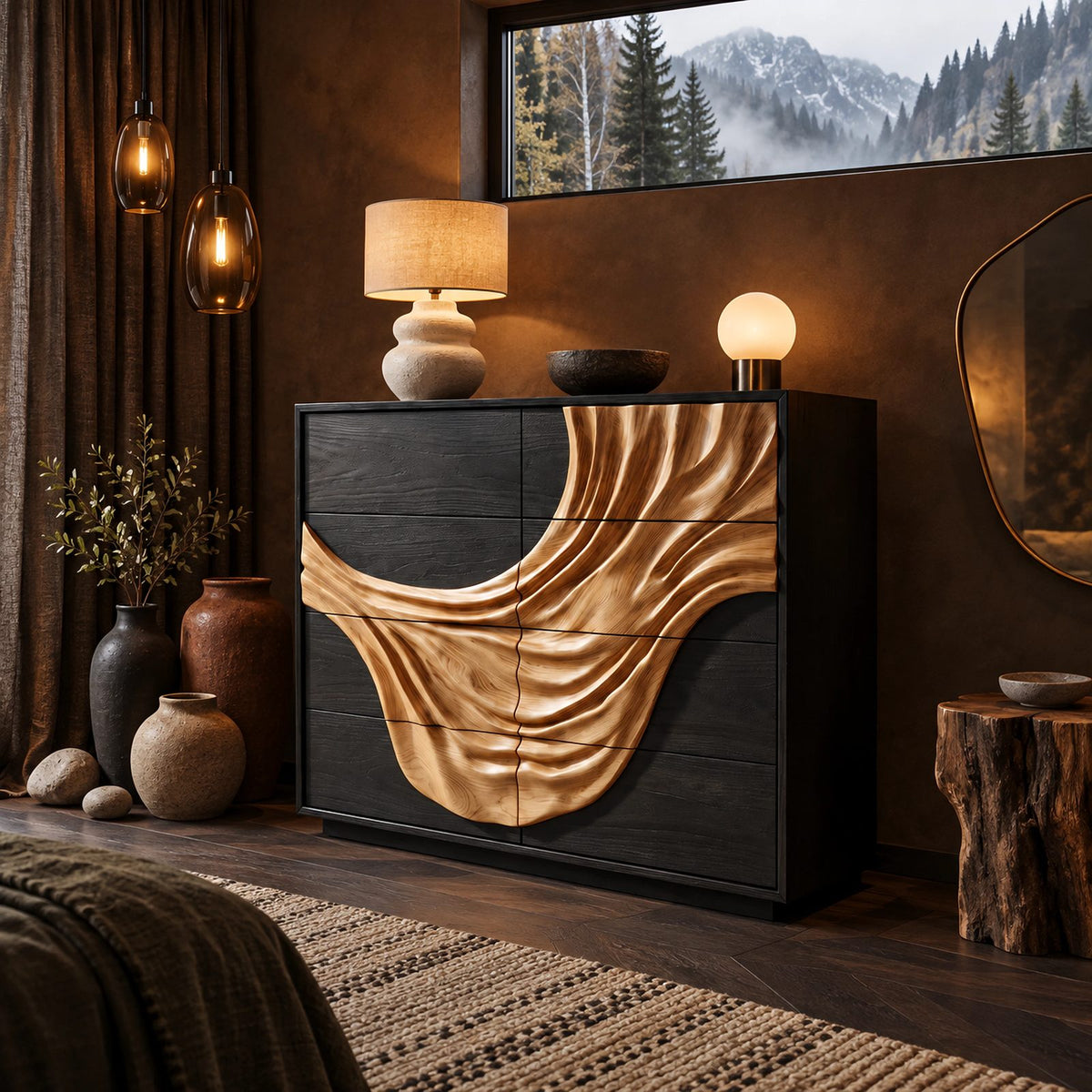 Artisan Wooden Dresser With Flowing Drape Carved Panel For Bedroom