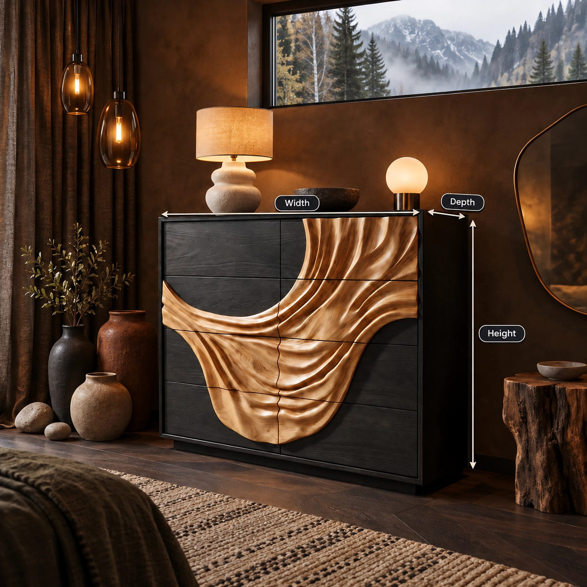 Artisan Wooden Dresser With Flowing Drape Carved Panel For Bedroom