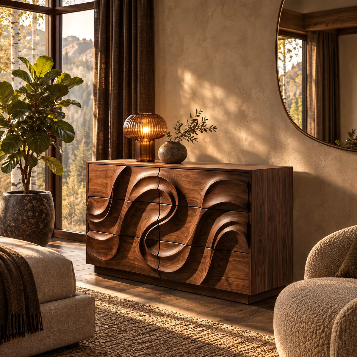 Modern Low Dresser With Swirl Carved Drawer Fronts For Bedroom