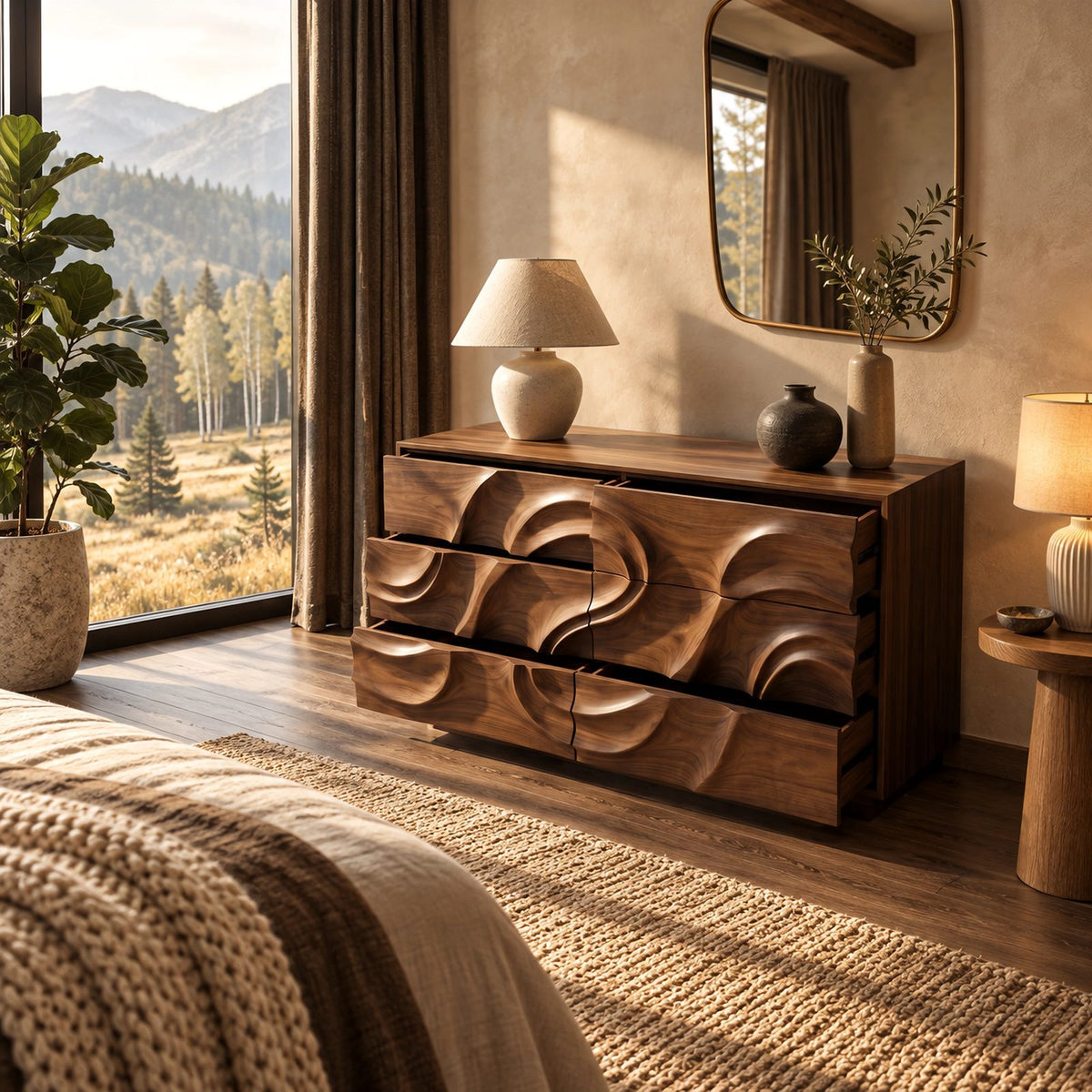 Modern Low Dresser With Swirl Carved Drawer Fronts For Bedroom